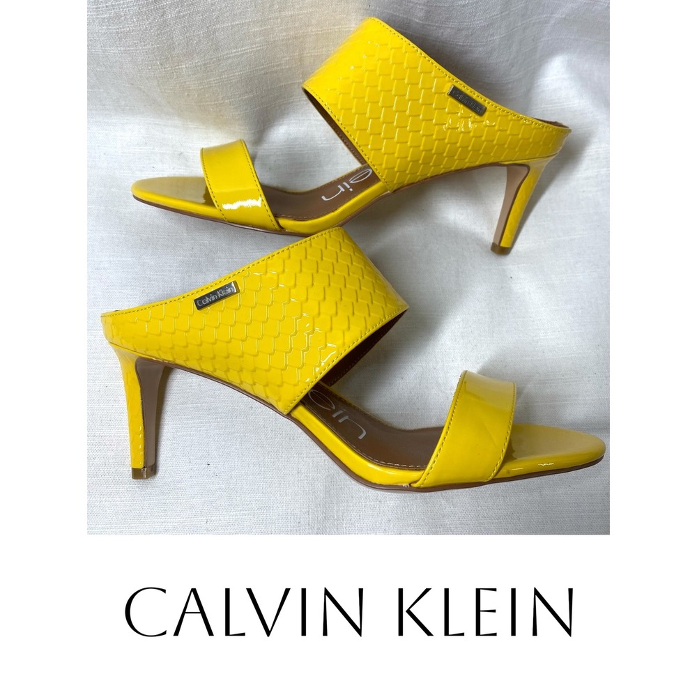 Calvin Klein Cecily Yellow Patent Leather Mule Heels Woven Embossed Size 7‎ NWOB